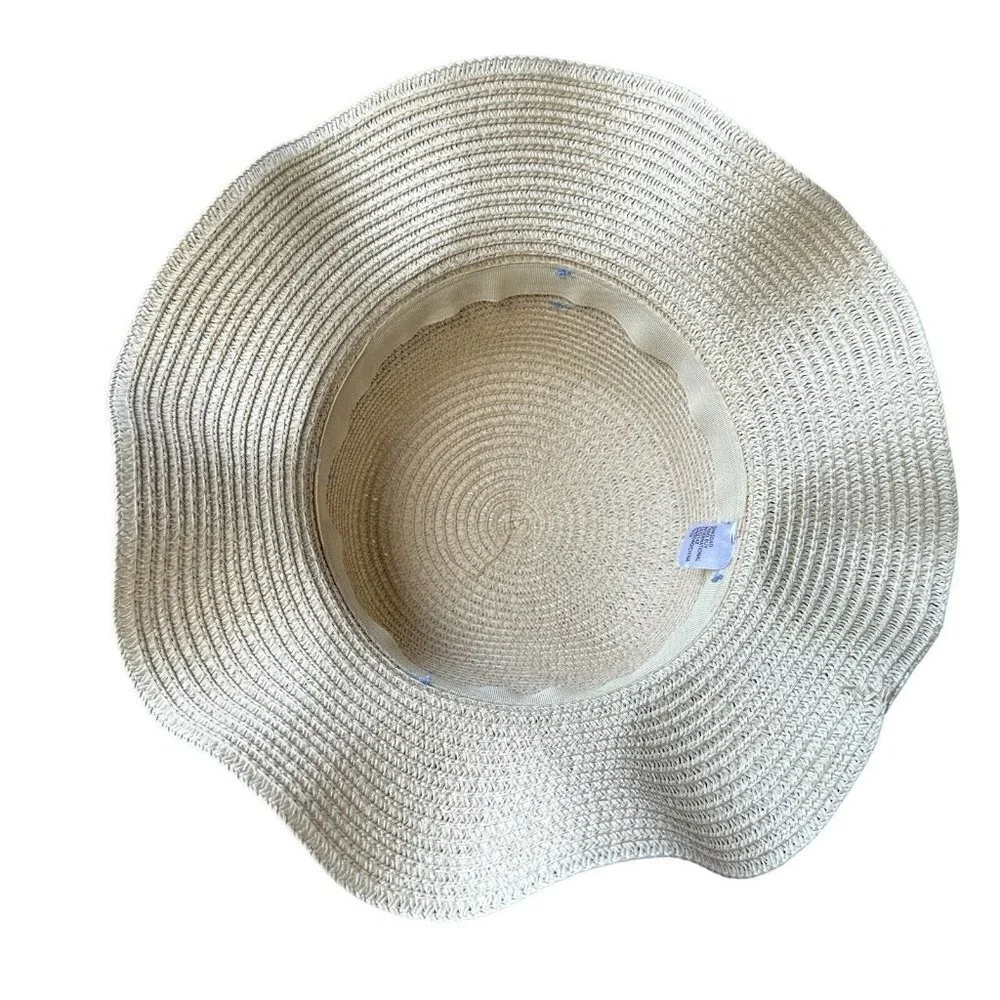 Straw Hat Wide Brim Sun Hat Beach Blue Ribbon‎ Hatband for Toddler Girls